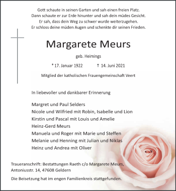 Traueranzeige von Margarete Meurs 