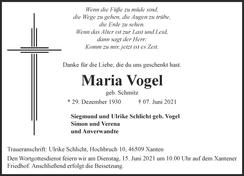  Traueranzeige für Maria Vogel vom 12.06.2021 aus 