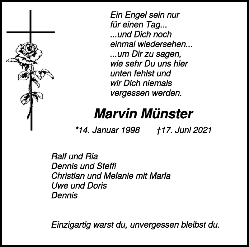  Traueranzeige für Marvin Münster vom 26.06.2021 aus 