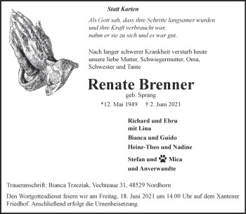 Traueranzeige von Renate Brenner 