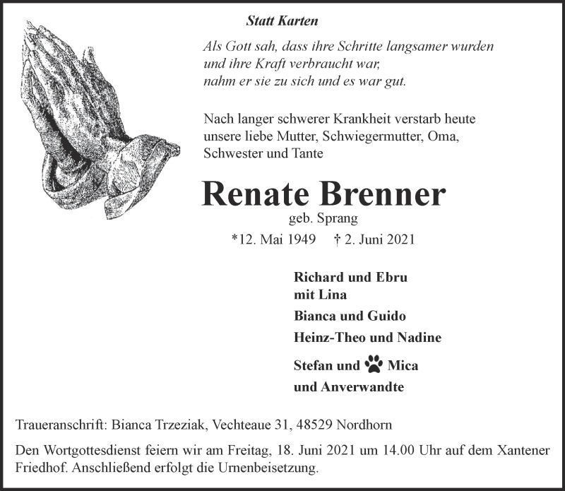  Traueranzeige für Renate Brenner vom 12.06.2021 aus 
