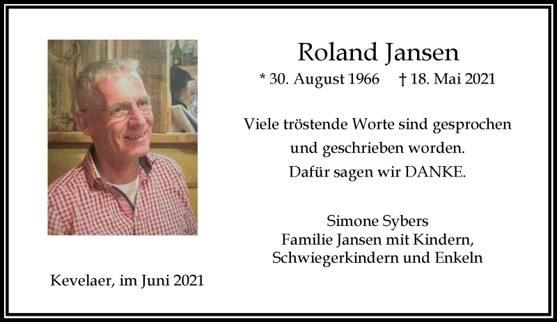 Traueranzeige für Roland Jansen vom 19.06.2021 aus 