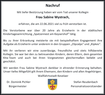 Traueranzeige von Sabine Wystrach 