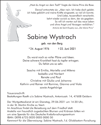 Traueranzeige von Sabine Wystrach 