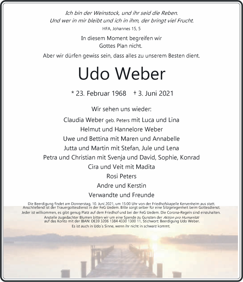  Traueranzeige für Udo Weber vom 09.06.2021 aus 