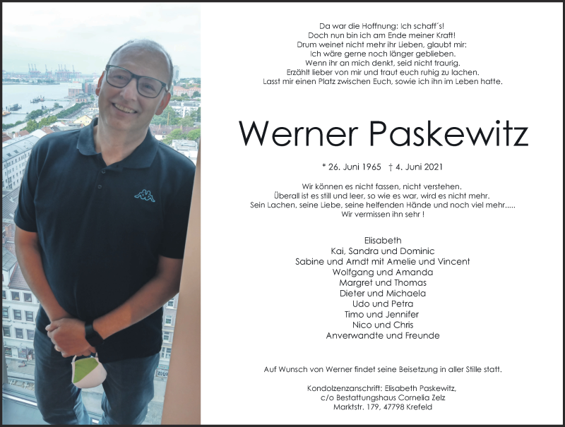  Traueranzeige für Werner Paskewitz vom 12.06.2021 aus 