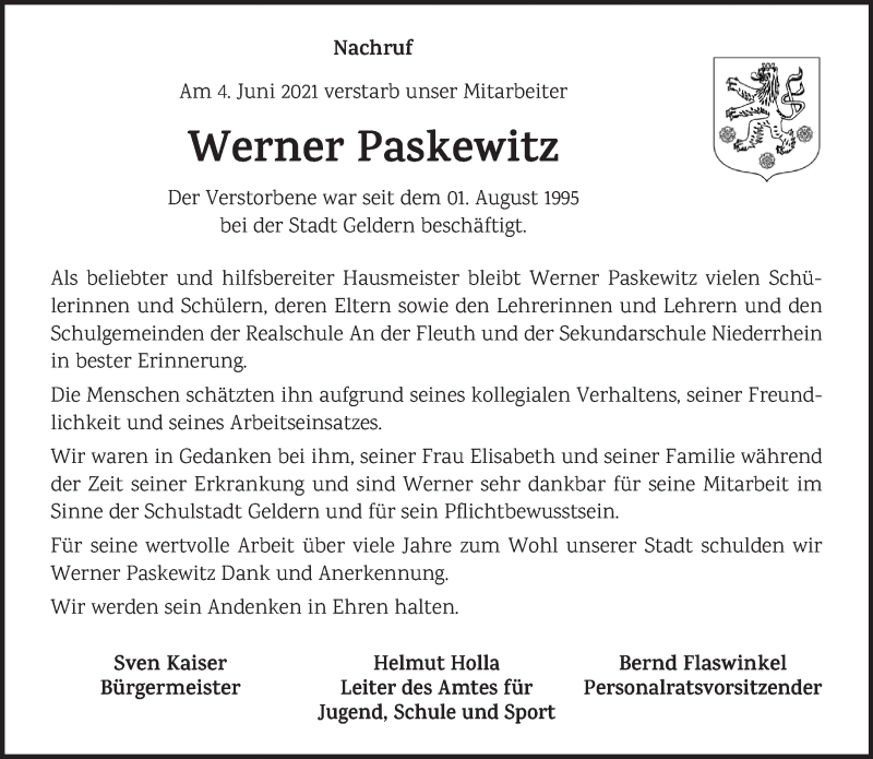  Traueranzeige für Werner Paskewitz vom 19.06.2021 aus 