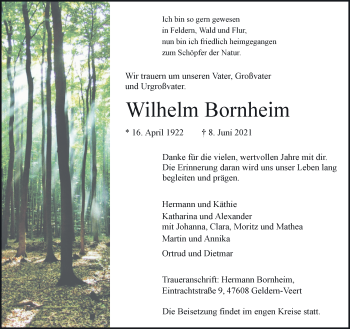 Traueranzeige von Wilhelm Bornheim 