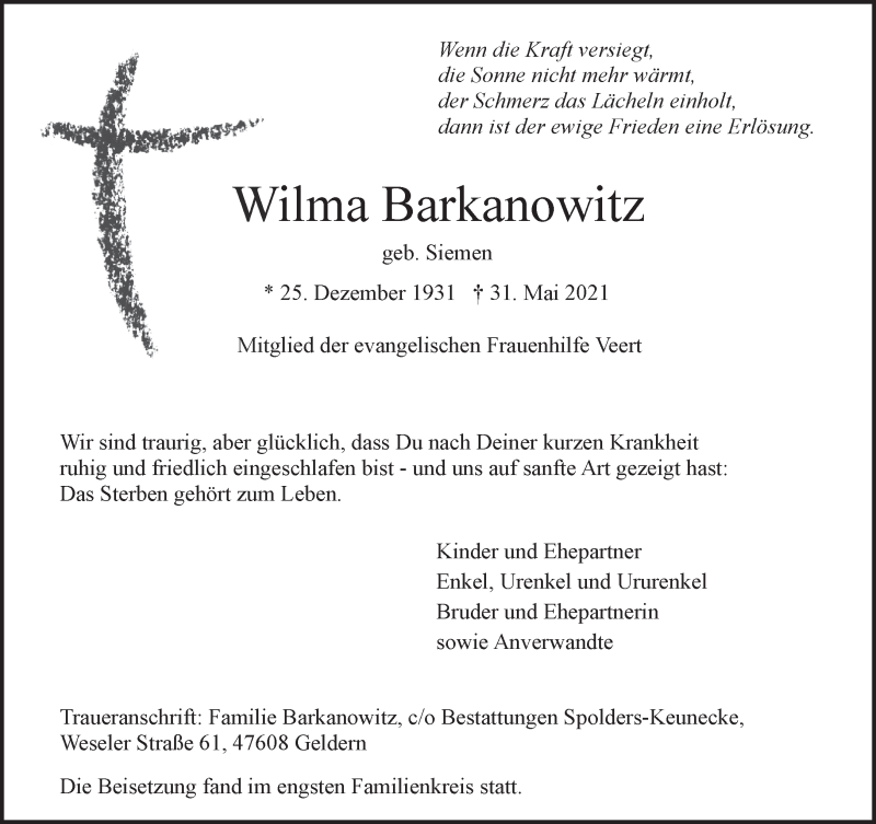  Traueranzeige für Wilma Barkanowitz vom 05.06.2021 aus 