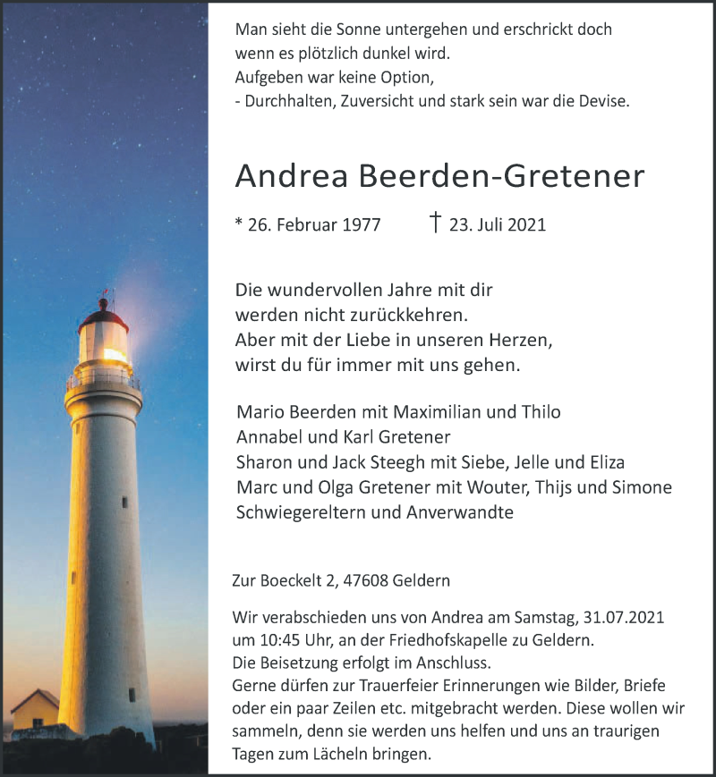  Traueranzeige für Andrea Beerden-Gretener vom 28.07.2021 aus 