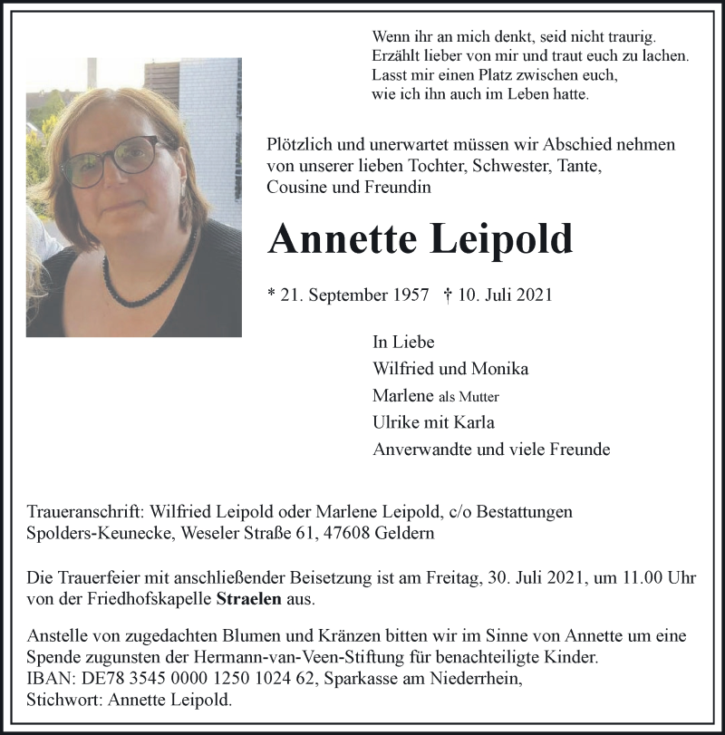  Traueranzeige für Annette Leipold vom 24.07.2021 aus 