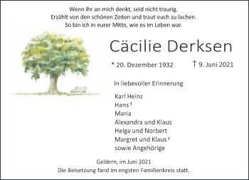 Traueranzeige von Cäcilie Derksen 