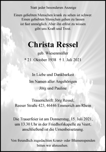 Traueranzeige von Christa Ressel 