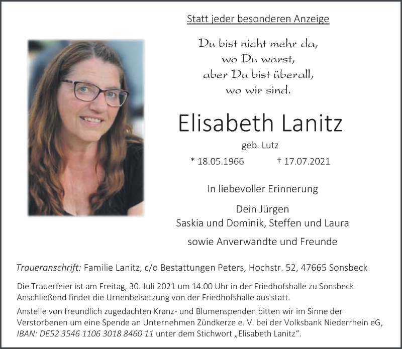  Traueranzeige für Elisabeth Lanitz vom 24.07.2021 aus 