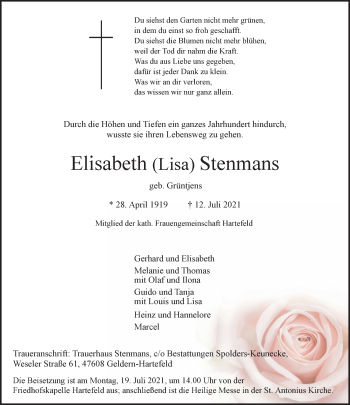 Traueranzeige von Elisabeth  Stenmans 