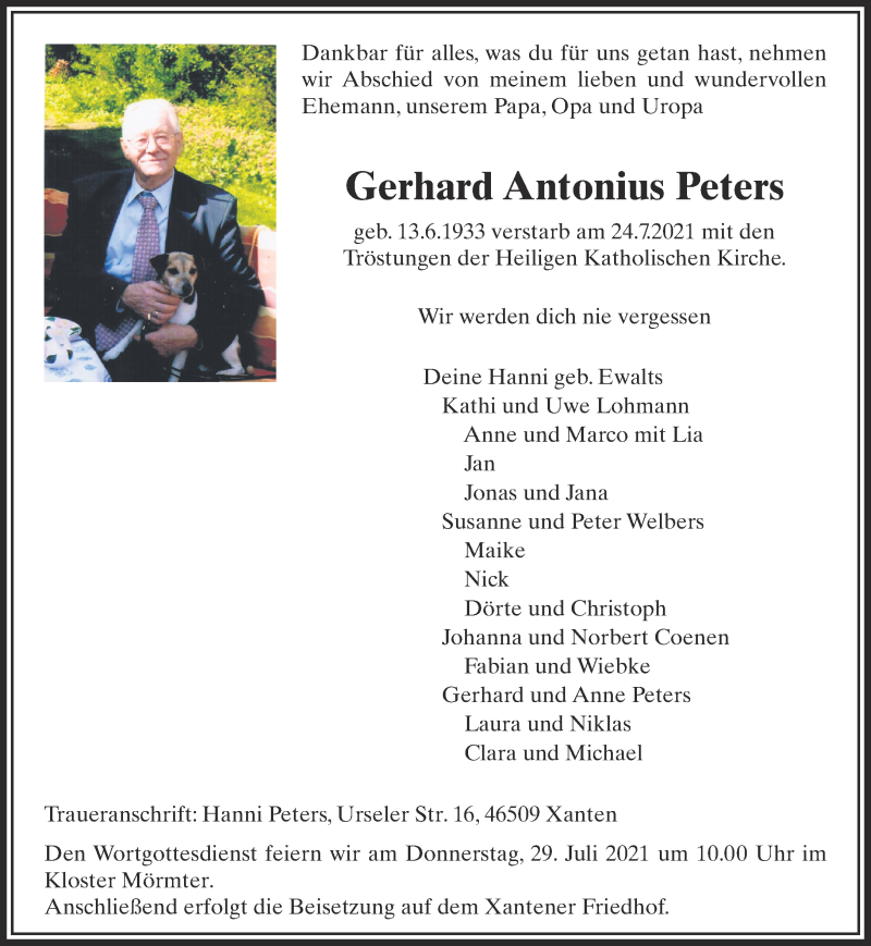  Traueranzeige für Gerhard Antonius Peters vom 28.07.2021 aus 