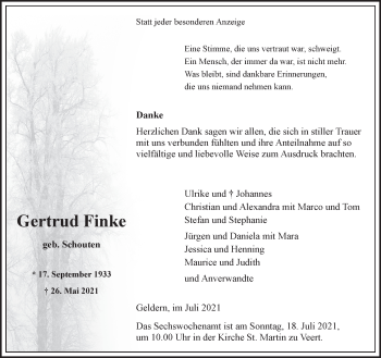 Traueranzeige von Gertrud Finke 