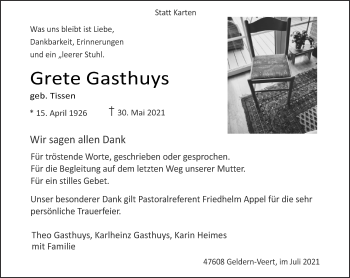 Traueranzeige von Grete Gasthuys 