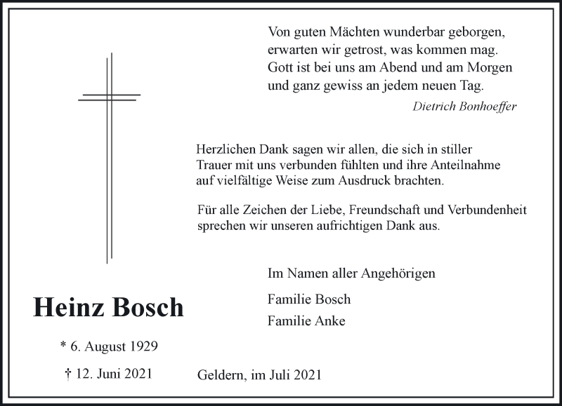  Traueranzeige für Heinz Bosch vom 24.07.2021 aus 