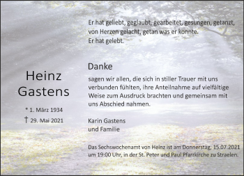 Traueranzeige von Heinz Gastens 