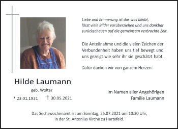 Traueranzeige von Hilde Laumann 