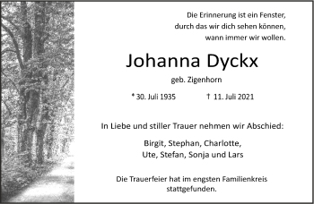 Traueranzeige von Johanna Dyckx 