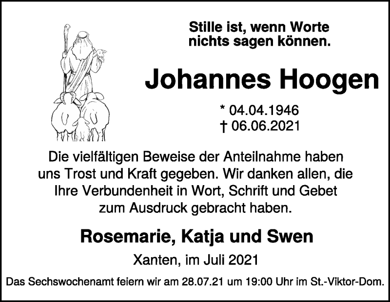  Traueranzeige für Johannes Hoogen vom 21.07.2021 aus 