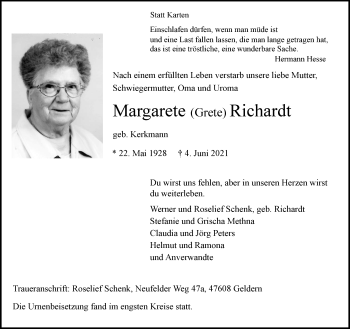 Traueranzeige von Margarete Richardt 