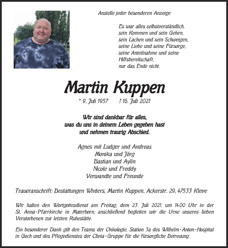  Traueranzeige für Martin Kuppen vom 21.07.2021 aus 
