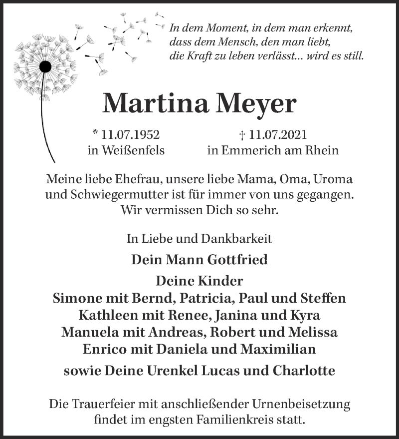  Traueranzeige für Martina Meyer vom 17.07.2021 aus 