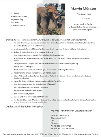 Traueranzeige von Marvin Münster 
