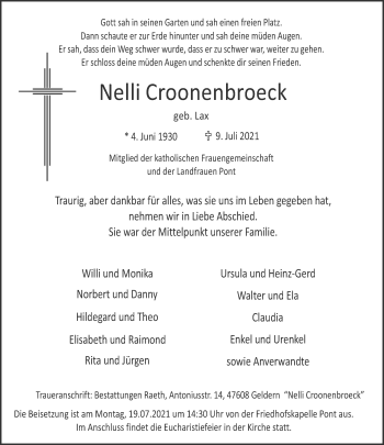 Traueranzeige von Nelli Croonenbroeck 