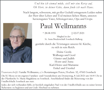 Traueranzeige von Paul Wellmanns 
