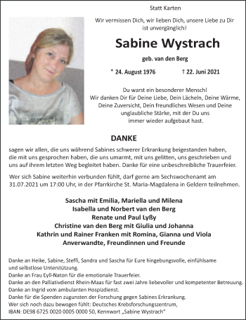 Traueranzeige von Sabine Wystrach 
