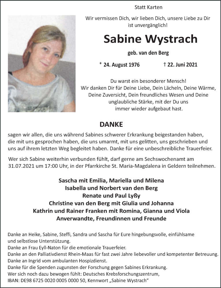  Traueranzeige für Sabine Wystrach vom 24.07.2021 aus 