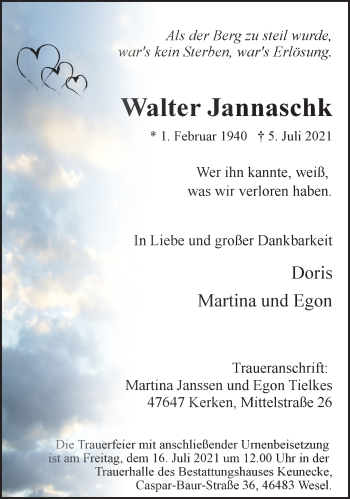 Traueranzeige von Walter Jannaschk 