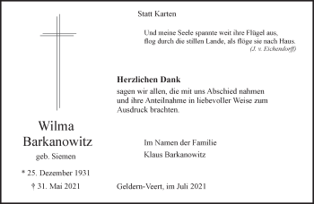 Traueranzeige von Wilma Barkanowitz 