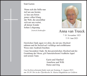 Traueranzeige von Anna van Treeck 