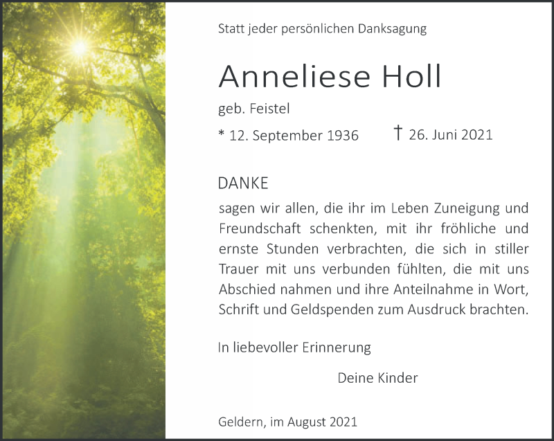  Traueranzeige für Anneliese Holl vom 14.08.2021 aus 