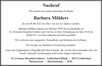 Traueranzeige von Barbara Mölders 