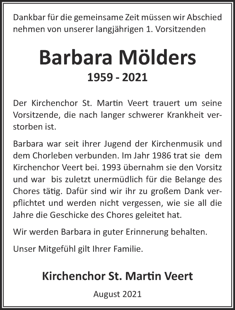  Traueranzeige für Barbara Mölders vom 14.08.2021 aus 