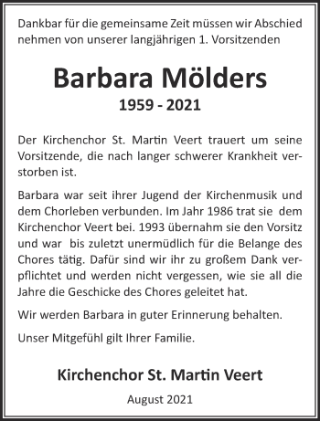 Traueranzeige von Barbara Mölders 
