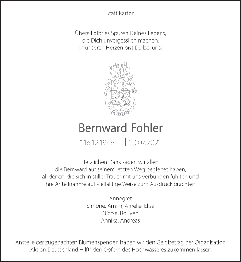  Traueranzeige für Bernward Fohler vom 21.08.2021 aus 