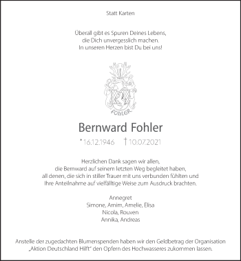 Traueranzeige von Bernward Fohler 