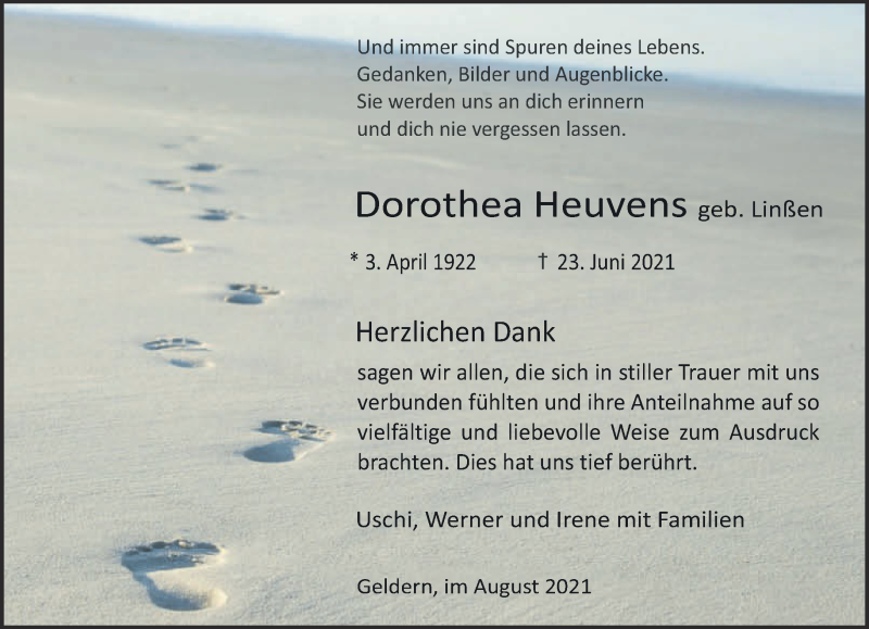  Traueranzeige für Dorothea Heuvens vom 07.08.2021 aus 