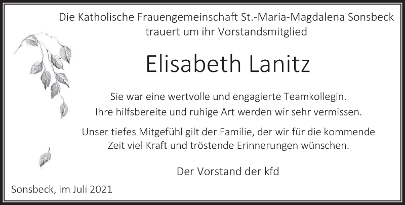  Traueranzeige für Elisabeth Lanitz vom 31.07.2021 aus 