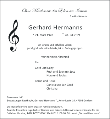 Traueranzeige von Gerhard Hermanns 