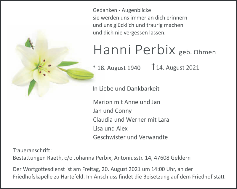  Traueranzeige für Hanni Perbix vom 18.08.2021 aus 