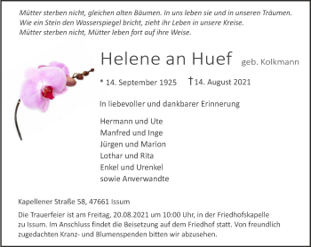 Traueranzeige von Helene an Huef 