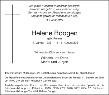 Traueranzeige von Helene Boogen 